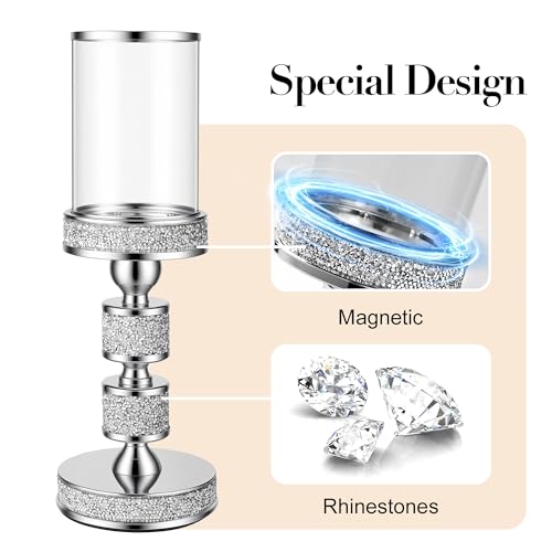 13.5" Tall Pillar Candle Holder with Wind Proof, Metal Hurricane Holders, Crystal Candle Holders for Table Centerpieces, Home Decor, Wedding, Dining Table (2, Silver, Medium) - color: Silver, size: Medium
