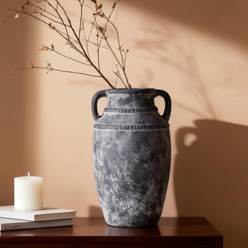 Lvases Farmhouse Rustic Ceramic Vase with Handles, 11 inch Gray-White Textured Modern Terracotta Vintage Vases for Home Decor Centerpieces Table Pottery Barn Furniture Decorative (Tall - C) - color: Gray+white, size: 6 in X 11 in