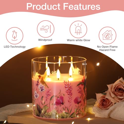 Eywamage 3 Wick Flameless Candle with Remote, Pink Hummingbird Floral Glass LED Candle, Large Battery Pillar Candle Φ 6" H 6" - color: Pink Hummingbird