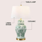 JONATHAN Y 29.5" Green/White Ceramic Table Lamp for Living Room and Office, White Linen Drum Shade, Traditional Chinoiserie Ginger Jar Lamp, LED Bulb Included (JYL3008D) - color: Green/White