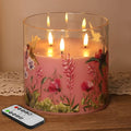 Eywamage 3 Wick Flameless Candle with Remote, Pink Hummingbird Floral Glass LED Candle, Large Battery Pillar Candle Φ 6" H 6" - color: Pink Hummingbird