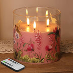Eywamage 3 Wick Flameless Candle with Remote, Pink Hummingbird Floral Glass LED Candle, Large Battery Pillar Candle Φ 6" H 6" - color: Pink Hummingbird
