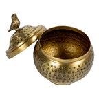 Round Hammered Metal Container with Bird Finial, Brass Finish - style: Bird