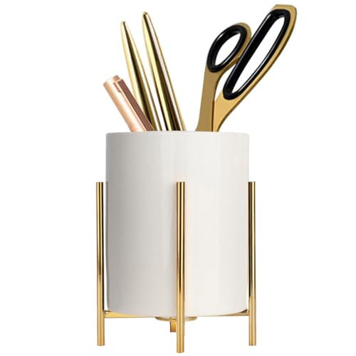 Gold pencil cup Sturdy metal frame with white ceramic pen holder For desks and kitchen appliance holders - color: White gold, size: H 4.6''