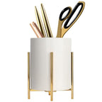 Gold pencil cup Sturdy metal frame with white ceramic pen holder For desks and kitchen appliance holders - color: White gold, size: H 4.6''