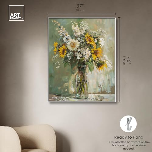 Art Remedy Sunflowers In A Glass Vase Canvas Vintage Farmhouse Wall Art, White Frame, 36" x 45" - color: White Frame, size: 46"L x 37"W