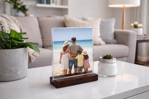 Acrylic display stands. For 11 x 8.5 brochures with 2 card holders and wooden base, ideal for displaying restaurant menus, office brochures, and business cards.