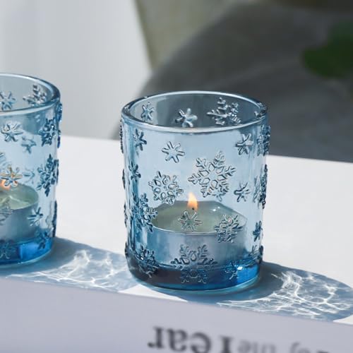 VOHO Blue Snowflakes Embossed Votive Candle Holders Set of 24, Glass Tealight Candle Holder for Seasonal Festival & Christmas Decorations, Beautiful Blue Candle Holders for Tea Lights/Votive Candles - color: Blue