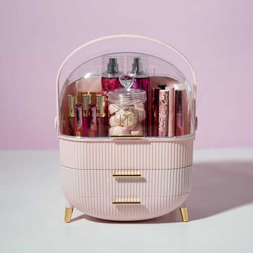 Paris Hilton Makeup Storage Organizer with Lid, Cosmetics and Skincare Organizer for Vanity, Portable Makeup Storage Box for Countertop, Fluted Design with Gold Accents, Pink - style: Organizer Box