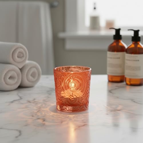 12 Pack Patented Sun Moon Star Embossed Glass Tea Light Candle Holders - Unique Votive Candle Holders for Wedding, Party, and Table Centerpieces (Pumpkin Spice) - color: Pumpkin Spice
