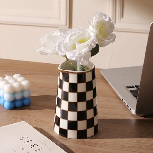 Porlien Checker Porcelain Flower Vase Home Decor Set of 2 with 5.5' High and 8' High Small Indoor Flower Bottles