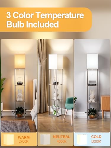 Floor Lamp with Shelves for Living Room 2 Pack Oak Gray, Shelf Floor Lamp with 3 CCT LED Bulb, Corner Display Standing Column Lamp Etagere Organizer Tower Nightstand with White Linen Shade for Bedroom - color: Oak Grey