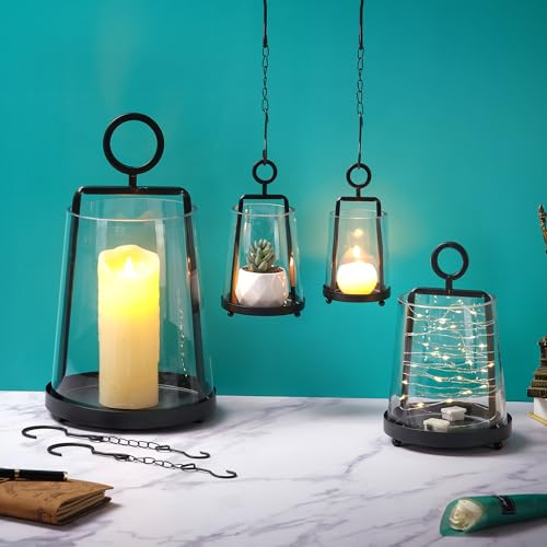 4" Wide Modern Farmhouse Metal Hurricane Candle Holder with Handmade Sturdy Glass Sleeve in Black for Pillar Candle & Plants, Glass Hurricane Lantern, Industrial, Minimalistic - color: Black, size: 4"x7.5"