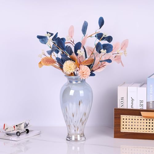 Hand Blown Glass Vase 11.8" Tall Beautiful Blue White Sea Wide Mouth Bud Vase for Table Centerpiece, Painted Colorful Murano Glass Flower Vases for - Home Entrance Wedding Center - color: Blue and White