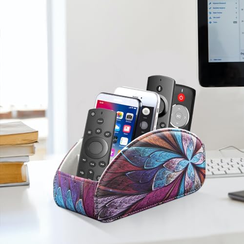 YAPISHI Remote Control Holder, 5 Compartments TV Remote Holder Caddy for Table, Nightstand Organizer for Remotes/Media Controllers/Office Supply, Bedside Decorations for Living Room， PU Leather - color: Fractal Flower, size: Large