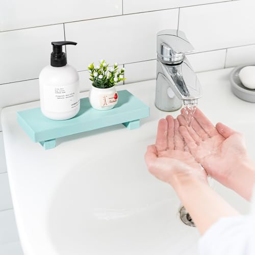 zoocatia Small Wood Tray Pedestal Stand Farmhouse Bathroom Decor Decorative Wooden Riser Kitchen Soap Dish Holder for Vanity, Counter, Sink, Light Blue - color: Light Blue, size: 8.7" x 3.6" x 1.6"