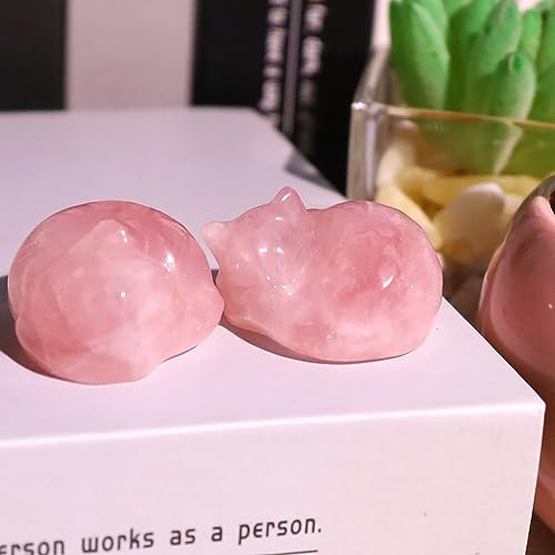 QINJIEJIE Rose Quartz Cat Decor Pink Gift Crystals Sleeping Cat Statue Stone Figurine Polished Gemstones Decors Office Room Home Desk Healing Valentines Decors for Women Cats Decor - color: B-pink-rose Quartz, size: 1.5 inches