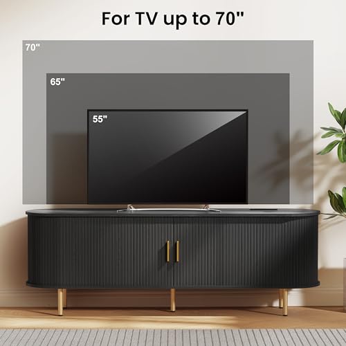 DHH 63 Inch Mid Century Modern TV Stand with Power Outlet for TVs up to 70 Inch, Entertainment Center with Storage and Adjustable Shelves, Media Console with Sliding Doors for Living Room(Black) - color: Black, size: 63 Inch