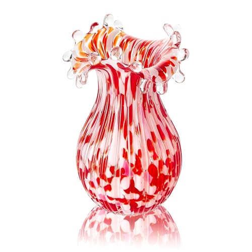 QFkris Hand Blown Glass Vase for Flowers, 8 Inch Red Crystal Bubble Flower Vases for Bouquet Home Decor Decorative Centerpieces, Unique Gift for Mom, Her, Lover - style: Bubble