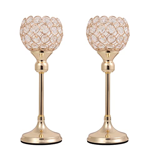 Vidisan Gold Crystal Tealight Candle Holders, Set of 2,Pillar Candle Holders Table Centerpieces for, Wedding, Home Decor，Party Housewarming Gift