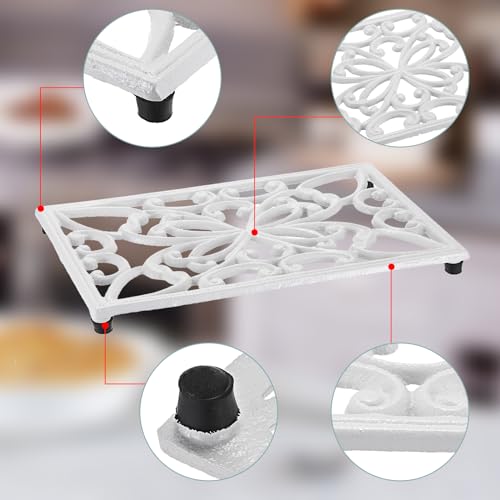 Sumnacon Cast Iron Trivet 2 Pack Heat Resistant Iron Trivets for Hot Dishes Pots Pans Plates Teapots,Rustic Cast Iron Trivet for Cooktop Kitchen Dining Table Metal Trivets with Rubber Feets,White - color: White, size: 10 x 6.1 Inch