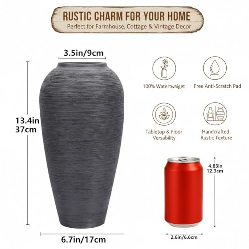 Rustic Ceramic Vase, 13.4" Black Farmhouse Tall Vase, Large Vintage Vases, Modern Terracotta Decor Vases for Home Decor, Living Room, Entryway, Table Centerpieces, Kitchen, Housewarming Gifts - size: 13.4in