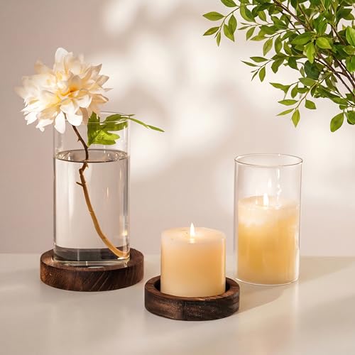 NUPTIO Hurricane Candle Holder for Centerpiece: Glass Pillar Candle Holder with Rustic Brown Wooden Plate - Set of 2 Floating Candles Cylinder Vase for Outdoor Wedding Table Decor - color: Brown