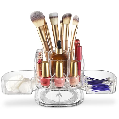 Masirs 360-Degree Rotating Makeup Organizer – Small Acrylic Cosmetic Storage Caddy with 5 Compartments, Mini Lazy Susan Vanity Organizer for Bathroom Counter, Skincare, Perfume, Brushes, Clear - color: Square Clear