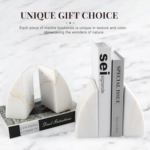 Koville Marble Bookends for Shelves, Large Bookends for Heavy Books, Natural Stone Book Stopper for Books CD Movies, Aesthetic Decorative Book Ends (Golden Calacatta) - color: Sail-golden Calacatta