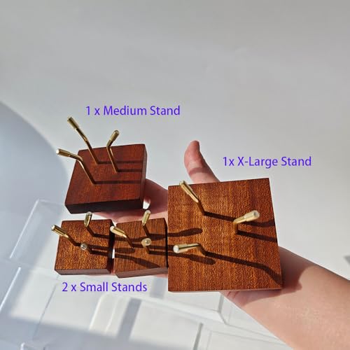 4 Pcs Rock Display Stand, 3-Size Set Crystal Sphere Stand with Metal 3-Peg and Wooden Base, Crystal Stands for Display Minerals, Geodes, Rocks, Fossils, Agate Slices, Small Collectibles