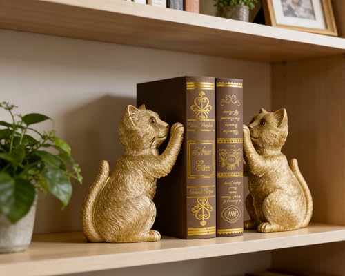 Gold Cat Bookends for Shelves, Heavy Duty Bookends, Decorative Bookends for Kids Books, Non-Skid Design, Gold Cat Statue Enthusiasts Gifts - color: Gold