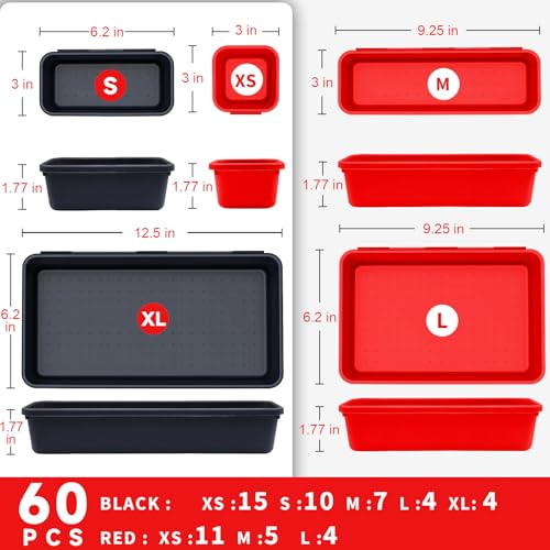 Tool Box Organizer Tray, Toolbox Desk Drawer Organizer, Tool Box Tray, Toolbox Organization Storage for Rolling Tool Chest (60PCS (Black+Red)) - color: 60PCS (Black+Red)