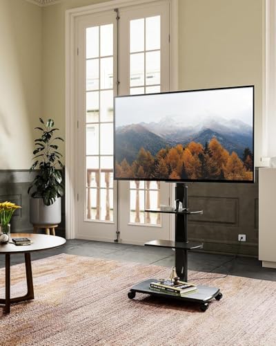 FITUEYES Rolling TV Stand with Power Outlets, Swivel Portable TV Stand for 32-70 Inch LCD LED OLED Flat/Curved Panel Screen TVs, Height Adjustable&Wood Base, Mobile TV Cart with 2 Shelves, Black - color: Black, style: With Wheels & Power Strip
