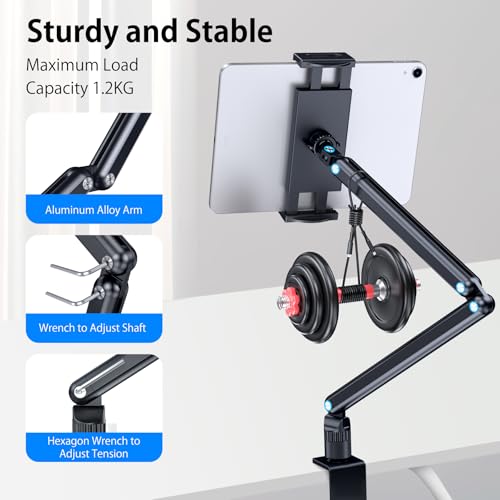 Tablet Stand Holder, Aluminum iPad Desk Mount Bracket, Tablet Arm Mount Holder with 360°Rotating Metal Base, Fits for iPad Air Pro Mini, Phones, Samsung Galaxy, Kindle, All 4.7-13 Inch Devices - size: High - Two Arm Mount