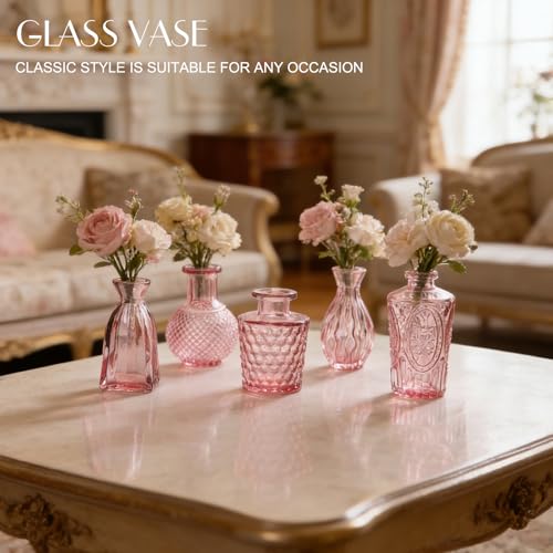 Petal Petite Glass Vase Set of 24 Small Pink Glass Bud Vases, Mini Vintage Flower Vases for Wedding Centerpieces & Table Décor, Champagne Vases in Bulk for Single Stem, Home and Office Decor - color: Pink
