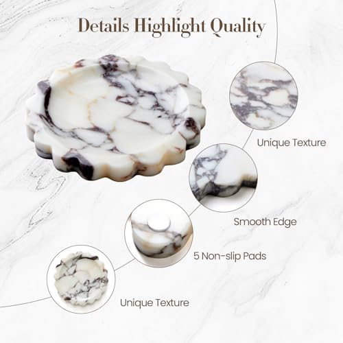 SAMAH Calacatta Viola Natural Marble Tray, Scalloped Bathroom Tray, Luxury Decorative Trays for Bathroom, Vanity, Dresser, Kitchen & Home Decor, Valentine's Day House Warming Gifts New Home(Round) - size: 6.3"