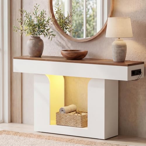 Homieasy Console Table, 47" Entryway Table with LED Lights & Charging Station, Farmhouse Wooden Sofa Table Behind Couch, Narrow Hallway Table for Living Room, Foyer, Entry, Antique White & Brown - color: Antique White & Brown, size: 47.2"
