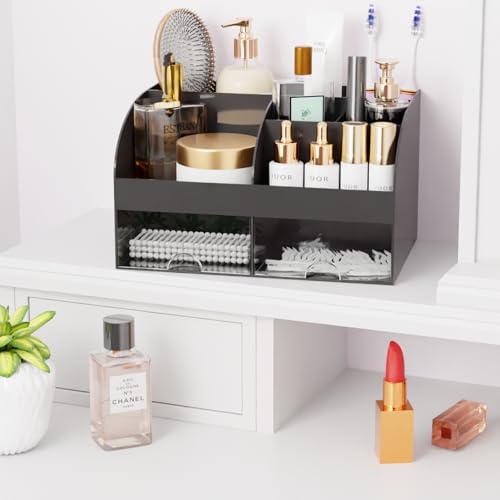 Makeup Organizer with Drawers, Cosmetic Storage for Dresser Vanity and Bathroom Countertop, Beauty Holder for Lipstick Brush, Skincare Organizer for Vanity, Cosmetic Display Case (Black-2Pack) - color: Black-2Pack
