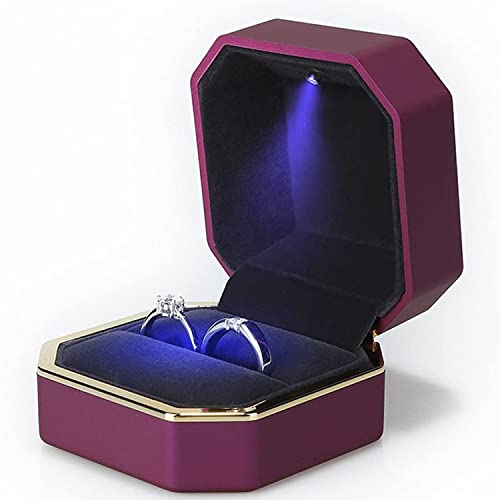 Luxury Ring Box, Square Velvet Wedding Ring Case Jewelry Gift Box with LED Light for Proposal Engagement Wedding, Purple - color: Purple, size: Ring Box