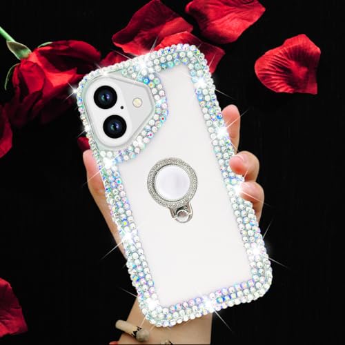 Bonitec Compatible with iPhone 17 Case for Women Glitter Sparkle Bling Cute Metal Finger Ring Bracket Stand Luxury Shiny Crystal Rhinestone Diamond Clear Protective Bumper Cover for Girls