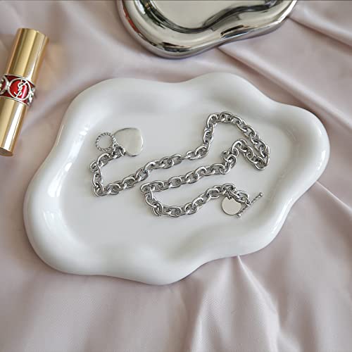 Jewelry Dish Trinket Tray for Women, Ring Dish Holder, Unique Cloud Shape Ceramic Plate Cute Things Vanity Aesthetic Room Decor Mother's Day Birthday (White) - color: White