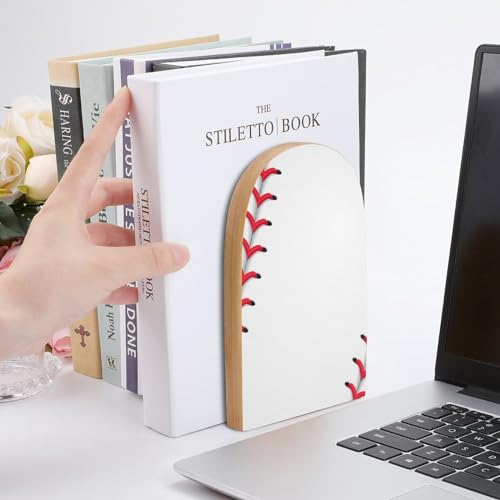 Wooden Bookends 2 Pcs,Baseball Red Lace Heavy Duty Office Book Ends Anti Slip Book Shelf Holder with Metal Base Decorative Book Stands - color: Baseball Red Lace