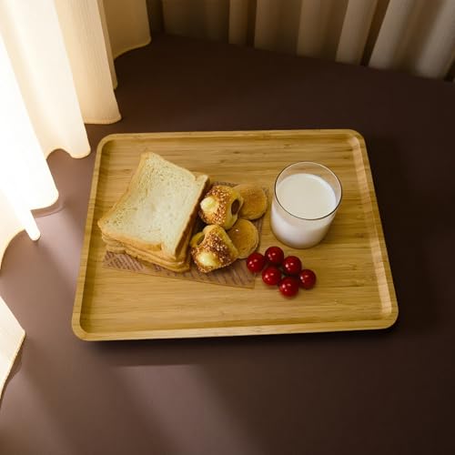 Bamboo Serving Tray Rectangle Platter Breakfast Dinner Food Bed Tray for Eating Kitchen Restaurants (1, 15.7" x 12.8" x 0.8" (no Handle)) - size: 15.7" x 12.8" x 0.8"