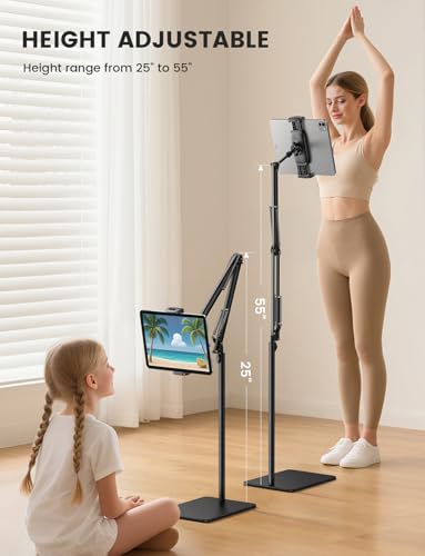 Lamicall Tablet Floor Stand Holder - [55" Height Adjustable][ Flexible Arm] 5lb Base Tablet Holder, Multi Angle Bed Mount Gifts for 4.7-13" Devices, iPad Pro Air, Tabs, E-Readers, Kindle Accessories