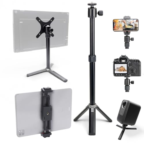 Kado Metal Portable Monitor Stand Tripod, 2-In-1 Phone/Tablet Clamp Portrait/Landscape, 100x100mm 75x75mm Wall/Arm Mount Adapater Bracket Plate, 360° Ball Head Compact for Projector, Camera and Webcam - style: Gray Black