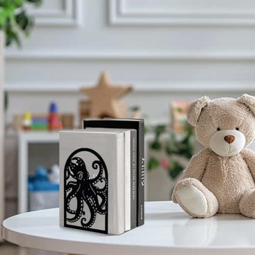 Peacoblue Metal Bookends for Shelves, Modern Decorative Heavy Duty Study Book Support Stoppers for Office, Desk, Shelf, Room 5.3"x4.3"x7.9" Cast Iron Simple Tall Bookends, 1 Pair (Octopus) - style: Octopus