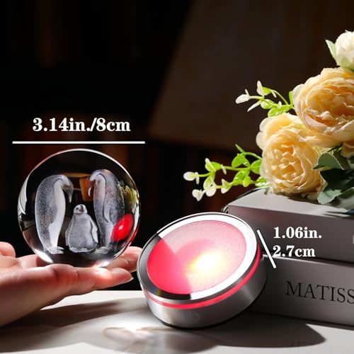 Arikyrist 3.15in. 3D Penguins Crystal Ball Gifts for Women Men, K9 Crystal Decorative Ball Engraved Penguins Figurine Paperweight with LED Light Base for Home Office Decoration for Birthday Christmas - color: Penguins