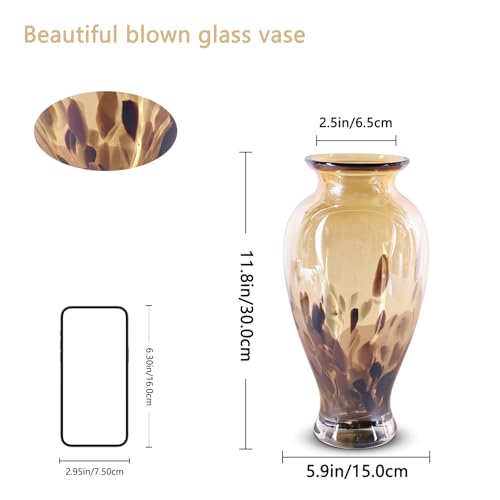 Hand Blown Glass Vase 11.8" Tall Beautiful Amber Gold Sea Wide Mouth Bud Vase for Table Centerpiece, Painted Colorful Murano Glass Flower Vases for - Home Entrance Wedding Center - color: Electrum