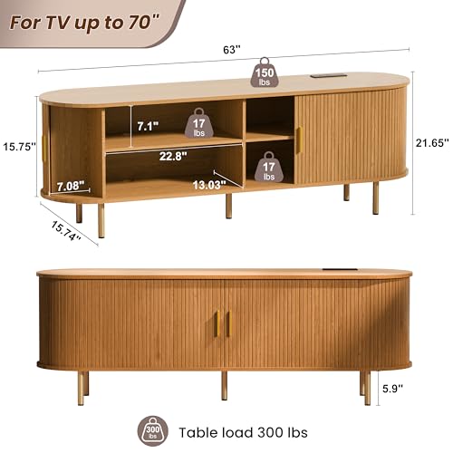 DHH 63 Inch Mid Century Modern TV Stand with Power Outlet for TVs up to 70 Inch, Entertainment Center with Storage and Adjustable Shelves, Media Console with Sliding Doors for Living Room(Yellow) - color: Yellow Walnut, size: 63 Inch