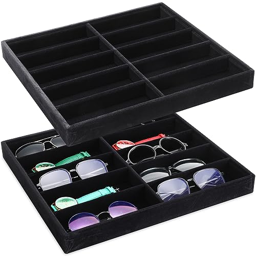 Batiyeer Sunglasses Organizer Storage Tray 10 Grids Eyewear Watch Holder Display Stackable Ice Velvet Tray Women(Black,2 Pcs) - color: Black